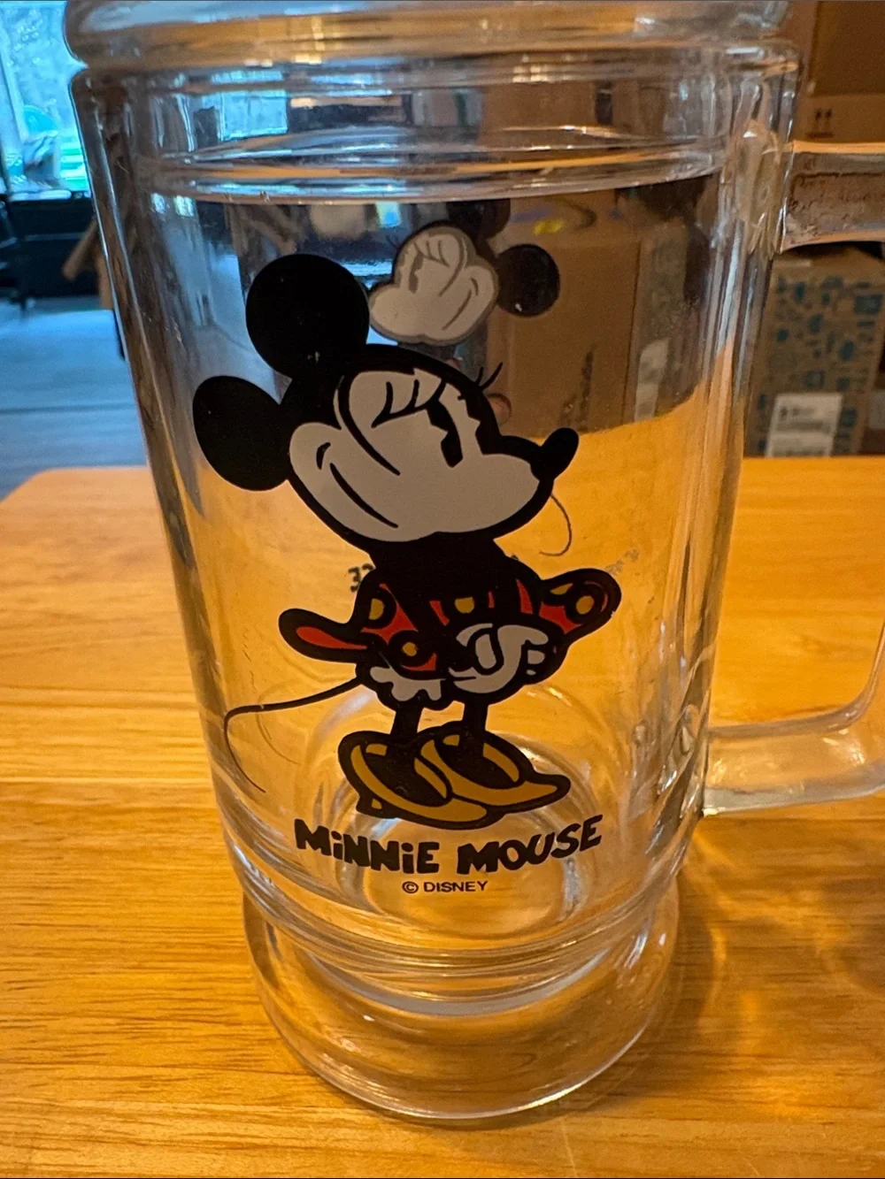Disney Minnie Mouse Clear Glass Mug with Black and Red Graphic and Clear Lid